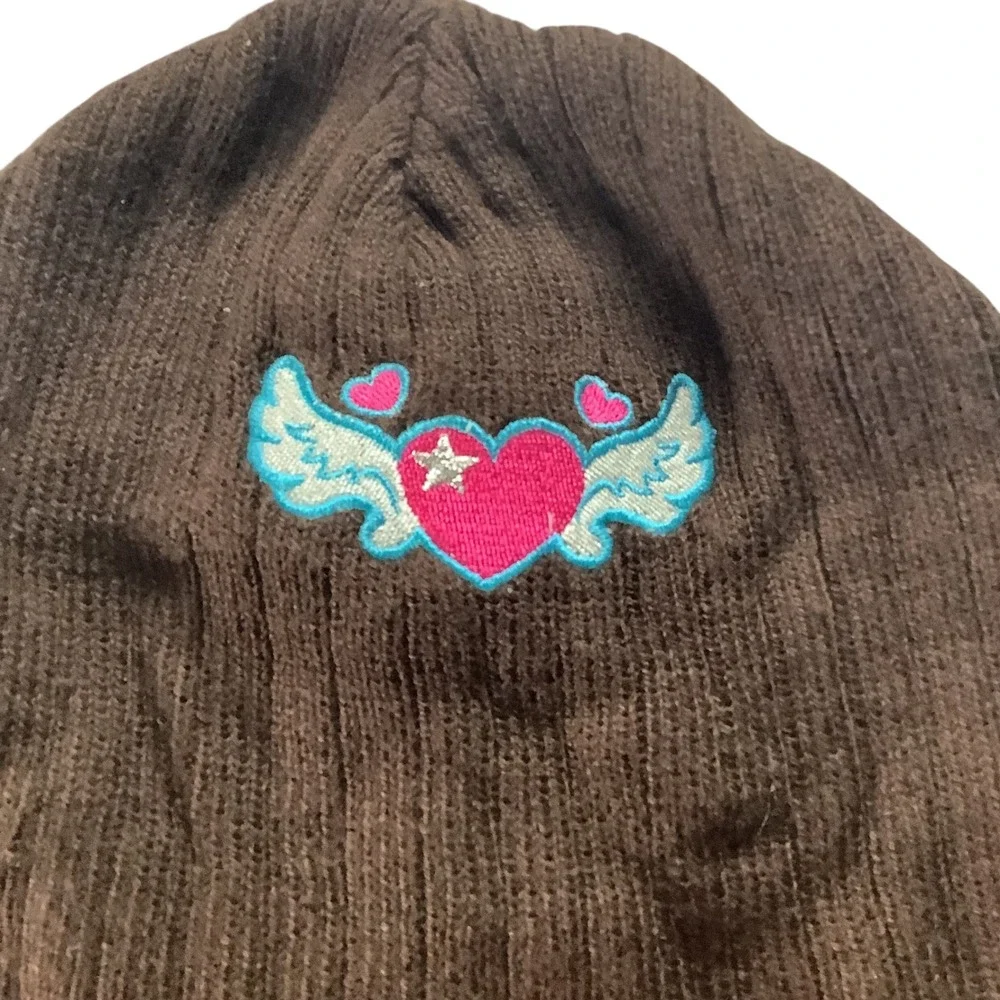 Toby Nyc Kids Beanie Hat Girls Brown Pink Heart‎ Wings Embroidered Size 4-10